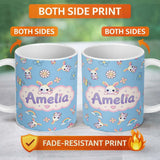 Personalized Custom Name Cute Rainbow Bunny Flower Egg Pastel Kawaii Blue Background 11oz Ceramic Coffee Tea Mug White Large Handle