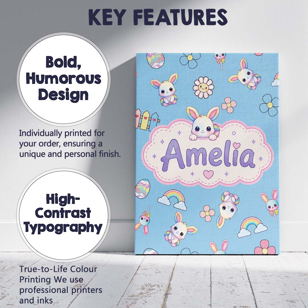 Personalised Name Cute Rainbow Bunny Flower Custom  Bespoke Interior Contemporary Canvas Wall Art Print Decor Picture Ready to Hang