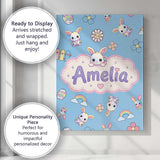 Personalised Name Cute Rainbow Bunny Flower Custom  Bespoke Interior Contemporary Canvas Wall Art Print Decor Picture Ready to Hang