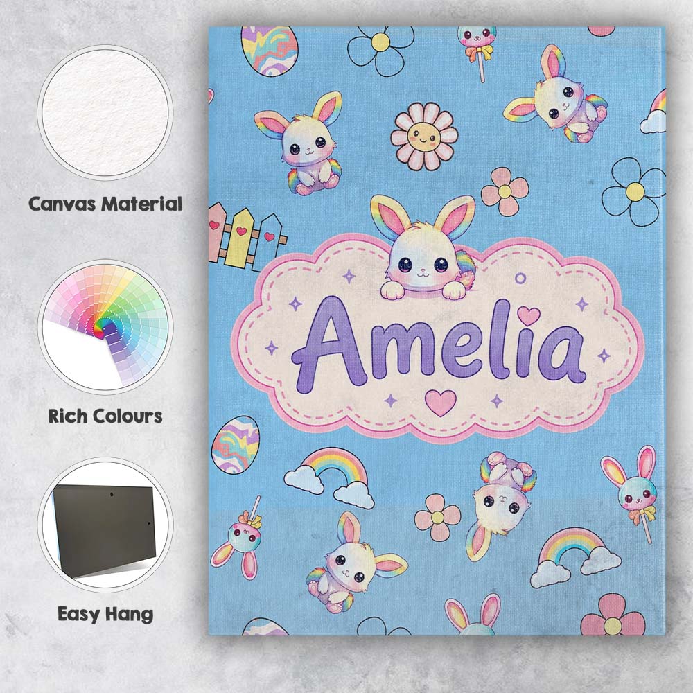 Personalised Name Cute Rainbow Bunny Flower Custom  Bespoke Interior Contemporary Canvas Wall Art Print Decor Picture Ready to Hang