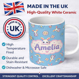 Personalized Custom Name Cute Rainbow Bunny Flower Egg Pastel Kawaii Blue Background 11oz Ceramic Coffee Tea Mug White Large Handle