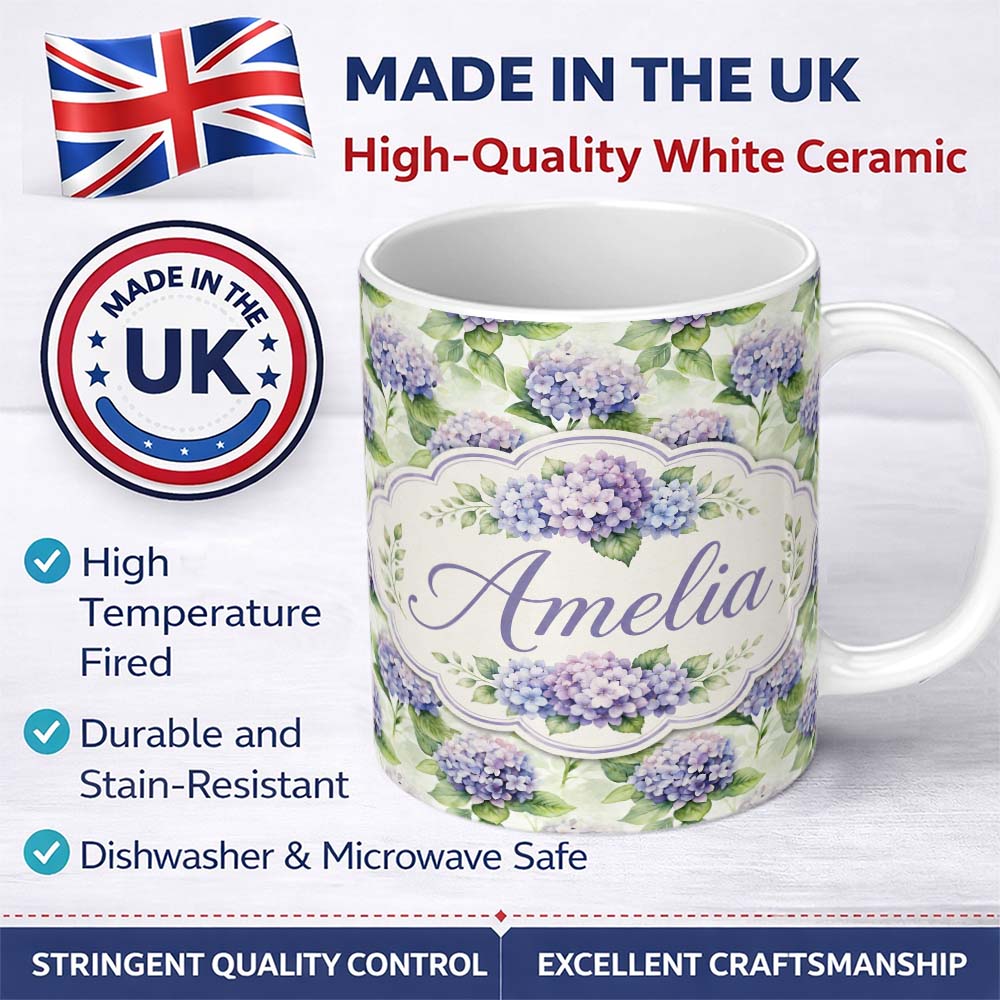 Personalized Custom Name Soft Purple Hydrangea Watercolor Floral Seamless Pattern Lovely 11oz Ceramic Coffee Tea Mug White Large Handle