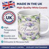 Personalized Custom Name Soft Purple Hydrangea Watercolor Floral Seamless Pattern Lovely 11oz Ceramic Coffee Tea Mug White Large Handle