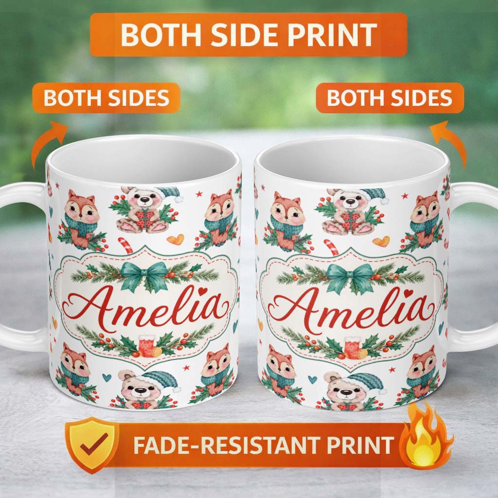 Personalized Custom Name Cute Woodland Animals Bear Fox Christmas Theme Seamless Pattern 11oz Ceramic Coffee Tea Mug White Large Handle