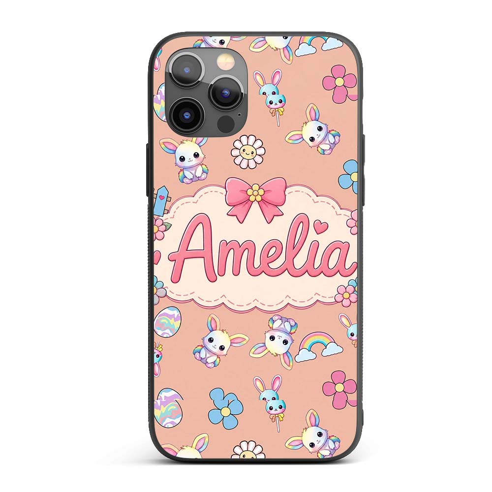 Cute Rainbow Bunny Flower Egg Pastel Kawaii Peach Custom Name Protective Phone Case Mobile Cover Durable Everyday Smartphone Shock Resistant