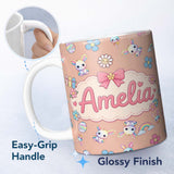 Personalized Custom Name Cute Rainbow Bunny Flower Egg Pastel Kawaii Peach Background 11oz Ceramic Coffee Tea Mug White Large Handle