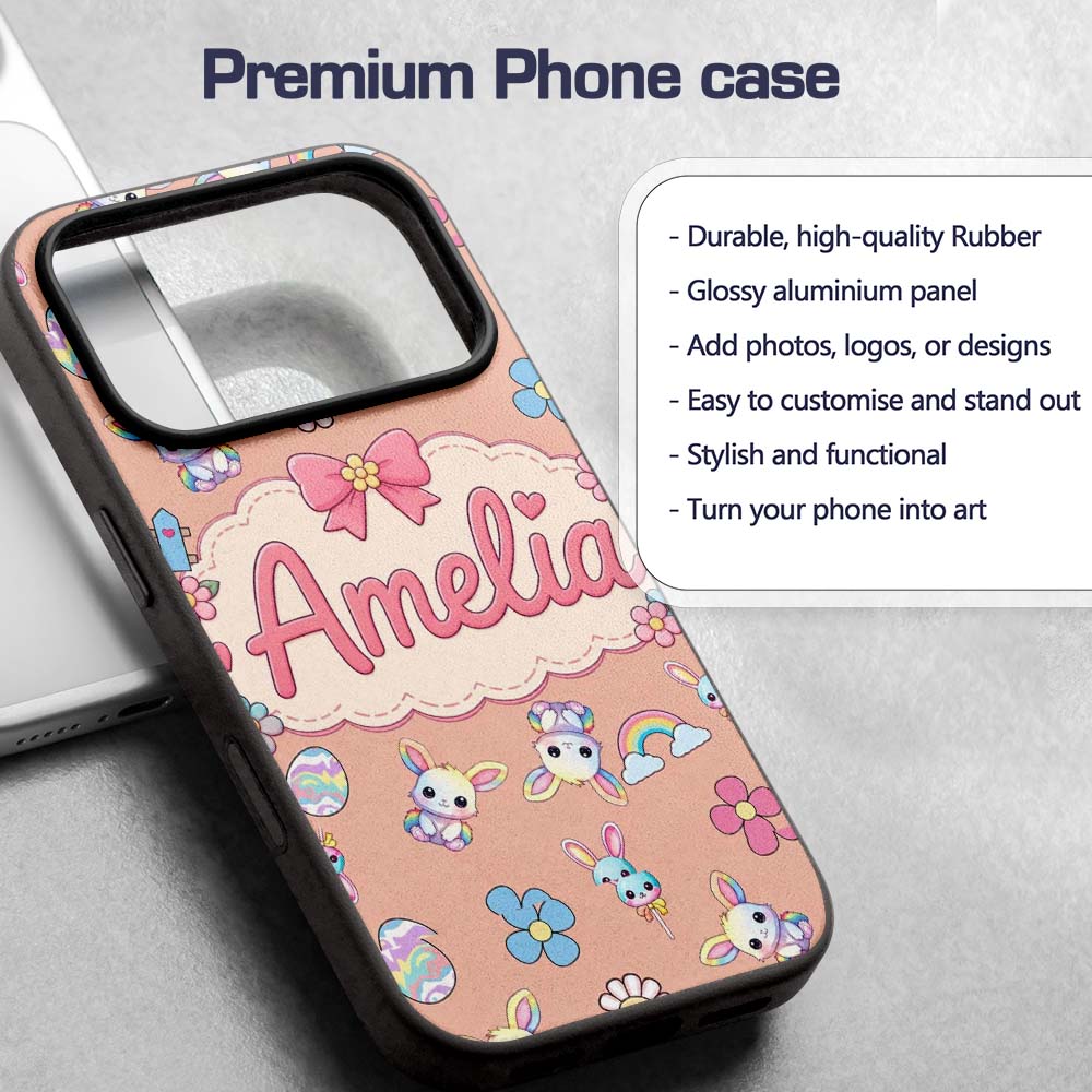 Cute Rainbow Bunny Flower Egg Pastel Kawaii Peach Custom Name Protective Phone Case Mobile Cover Durable Everyday Smartphone Shock Resistant