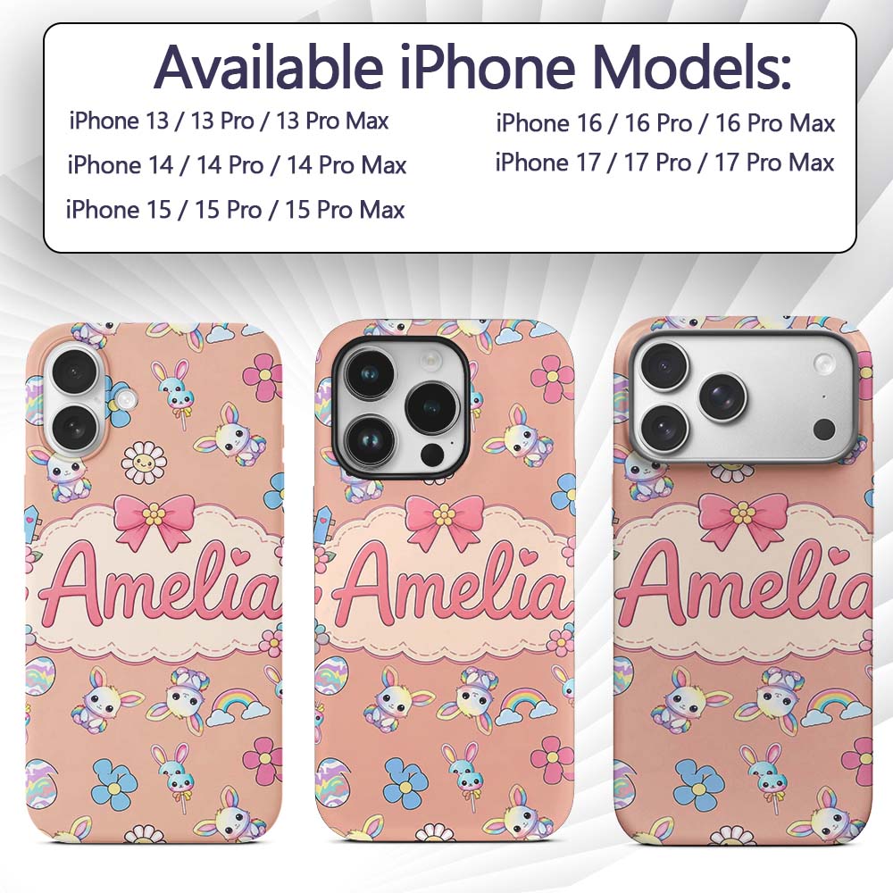 Cute Rainbow Bunny Flower Egg Pastel Kawaii Peach Custom Name Protective Phone Case Mobile Cover Durable Everyday Smartphone Shock Resistant