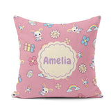 Custom Name Cute Rainbow Bunny Flower Egg Pastel Pink Background Square Filled Cushion Throw Pillow Sofa Bed Home Decor Zip Washable UK Made