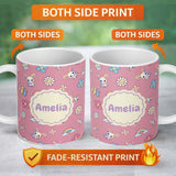 Personalized Custom Name Cute Rainbow Bunny Flower Egg Pastel Kawaii Pink Background 11oz Ceramic Coffee Tea Mug White Large Handle