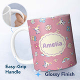 Personalized Custom Name Cute Rainbow Bunny Flower Egg Pastel Kawaii Pink Background 11oz Ceramic Coffee Tea Mug White Large Handle