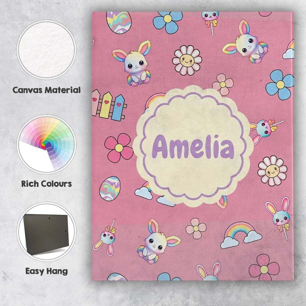 Personalised Name Cute Rainbow Bunny Flower Custom  Bespoke Interior Contemporary Canvas Wall Art Print Decor Picture Ready to Hang