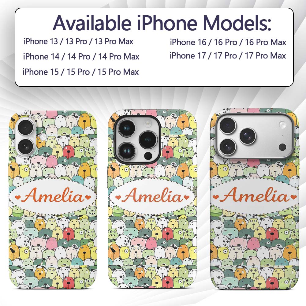 Cute Cartoon Dogs Crowd Multicolour Seamless Custom Name Protective Phone Case Mobile Cover Durable Everyday Smartphone Shock Resistant