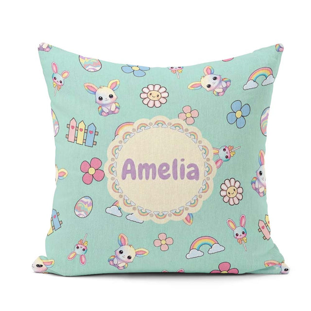 Custom Name Cute Rainbow Bunny Flower Egg Pastel Mint Background Square Filled Cushion Throw Pillow Sofa Bed Home Decor Zip Washable UK Made