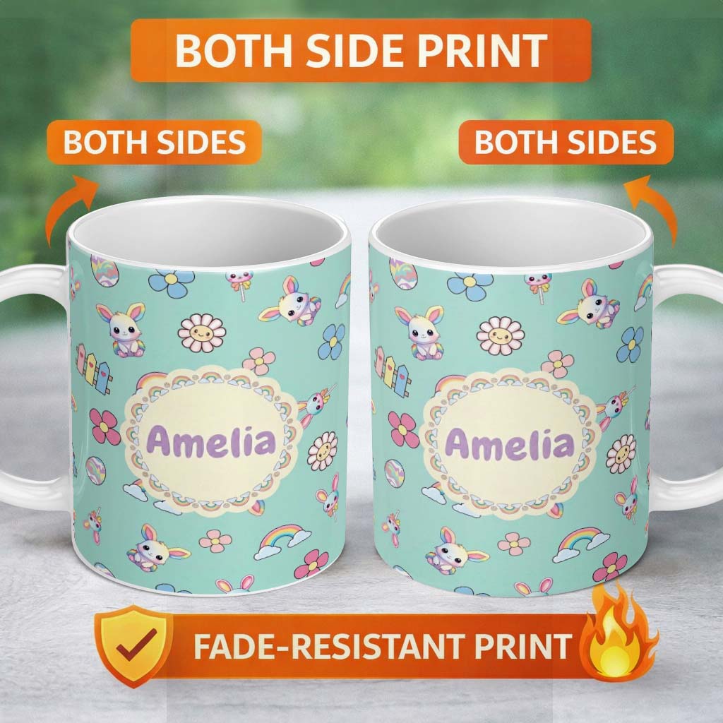 Personalized Custom Name Cute Rainbow Bunny Flower Egg Pastel Kawaii Mint Background 11oz Ceramic Coffee Tea Mug White Large Handle