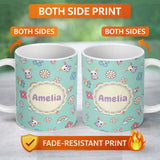 Personalized Custom Name Cute Rainbow Bunny Flower Egg Pastel Kawaii Mint Background 11oz Ceramic Coffee Tea Mug White Large Handle