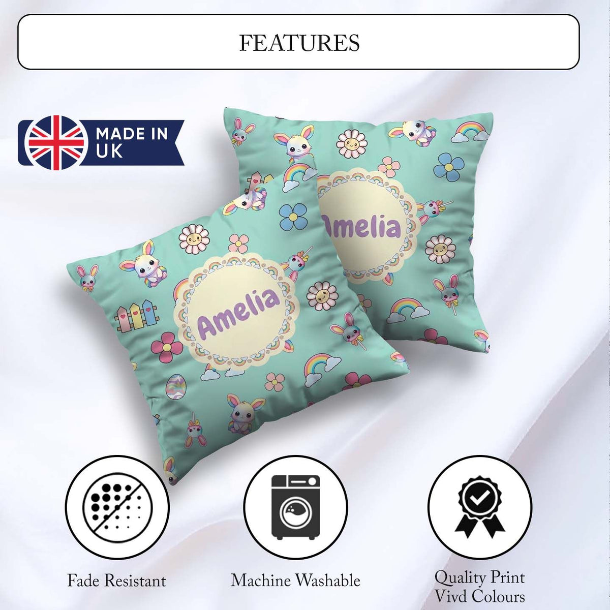 Custom Name Cute Rainbow Bunny Flower Egg Pastel Mint Background Square Filled Cushion Throw Pillow Sofa Bed Home Decor Zip Washable UK Made