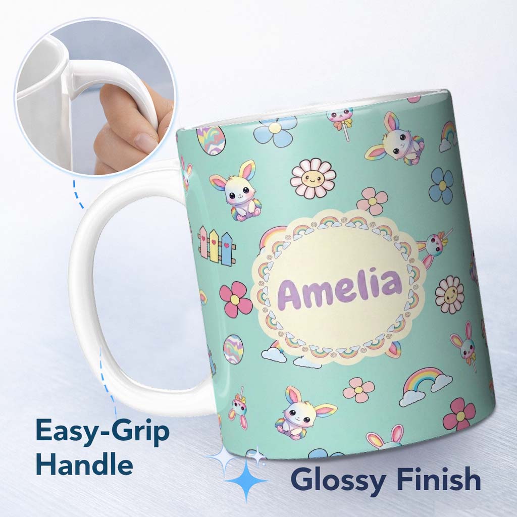 Personalized Custom Name Cute Rainbow Bunny Flower Egg Pastel Kawaii Mint Background 11oz Ceramic Coffee Tea Mug White Large Handle