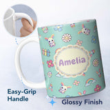Personalized Custom Name Cute Rainbow Bunny Flower Egg Pastel Kawaii Mint Background 11oz Ceramic Coffee Tea Mug White Large Handle