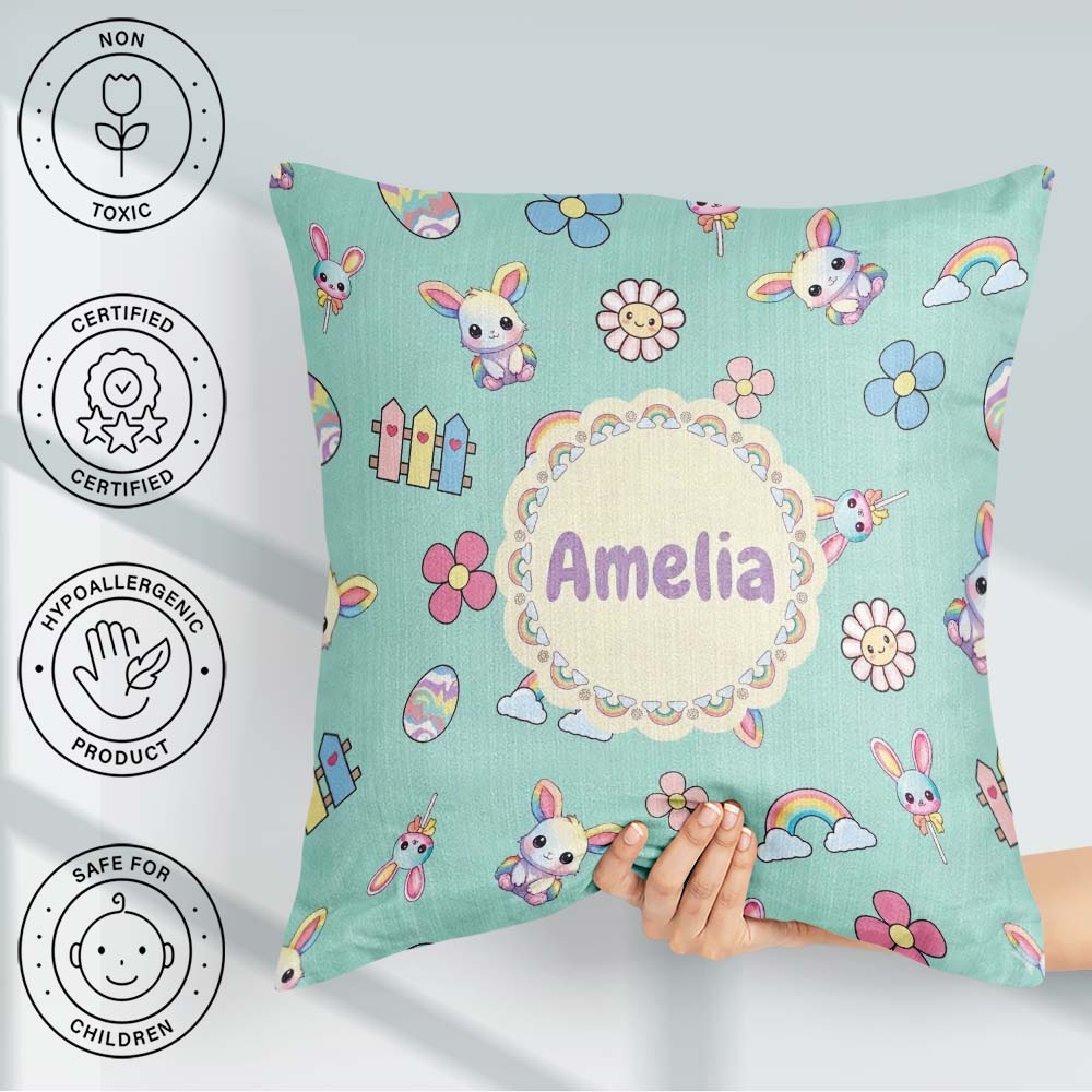 Custom Name Cute Rainbow Bunny Flower Egg Pastel Mint Background Square Filled Cushion Throw Pillow Sofa Bed Home Decor Zip Washable UK Made