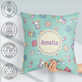 Custom Name Cute Rainbow Bunny Flower Egg Pastel Mint Background Square Filled Cushion Throw Pillow Sofa Bed Home Decor Zip Washable UK Made