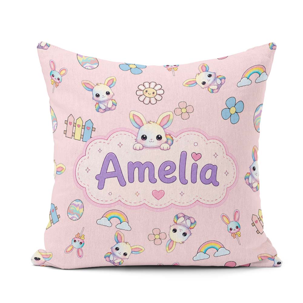Custom Name Cute Rainbow Bunny Flower Egg Pastel Pink Background Square Filled Cushion Throw Pillow Sofa Bed Home Decor Zip Washable UK Made