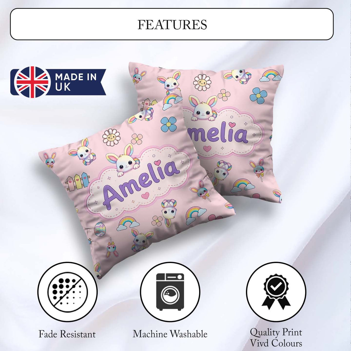 Custom Name Cute Rainbow Bunny Flower Egg Pastel Pink Background Square Filled Cushion Throw Pillow Sofa Bed Home Decor Zip Washable UK Made