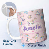 Personalized Custom Name Cute Rainbow Bunny Flower Egg Pastel Pink Background Seamless 11oz Ceramic Coffee Tea Mug White Large Handle