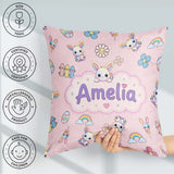 Custom Name Cute Rainbow Bunny Flower Egg Pastel Pink Background Square Filled Cushion Throw Pillow Sofa Bed Home Decor Zip Washable UK Made