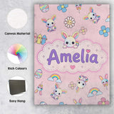 Personalised Name Cute Rainbow Bunny Flower Custom  Bespoke Interior Contemporary Canvas Wall Art Print Decor Picture Ready to Hang