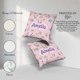 Custom Name Cute Rainbow Bunny Flower Egg Pastel Pink Background Square Filled Cushion Throw Pillow Sofa Bed Home Decor Zip Washable UK Made