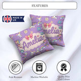 Custom Name Cute Rainbow Bunny Flower Egg Pastel Purple Seamless Square Filled Cushion Throw Pillow Sofa Bed Home Decor Zip Washable UK Made