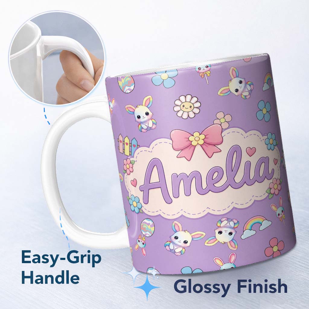 Personalized Custom Name Cute Rainbow Bunny Flower Egg Pastel Purple Background Seamless 11oz Ceramic Coffee Tea Mug White Large Handle