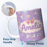 Personalized Custom Name Cute Rainbow Bunny Flower Egg Pastel Purple Background Seamless 11oz Ceramic Coffee Tea Mug White Large Handle