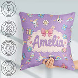 Custom Name Cute Rainbow Bunny Flower Egg Pastel Purple Seamless Square Filled Cushion Throw Pillow Sofa Bed Home Decor Zip Washable UK Made