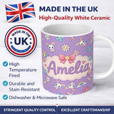 Personalized Custom Name Cute Rainbow Bunny Flower Egg Pastel Purple Background Seamless 11oz Ceramic Coffee Tea Mug White Large Handle