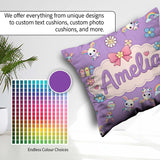 Custom Name Cute Rainbow Bunny Flower Egg Pastel Purple Seamless Square Filled Cushion Throw Pillow Sofa Bed Home Decor Zip Washable UK Made