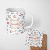 Personalized Custom Name Cute Rainbow Bunny Flower Egg Pastel Grey Background Seamless 11oz Ceramic Coffee Tea Mug White Large Handle