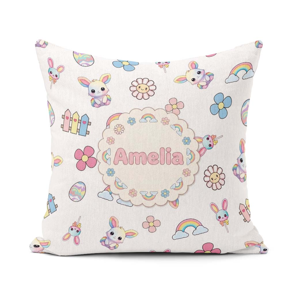 Custom Name Cute Rainbow Bunny Flower Egg Pastel Grey Background Square Filled Cushion Throw Pillow Sofa Bed Home Decor Zip Washable UK Made