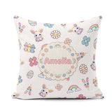Custom Name Cute Rainbow Bunny Flower Egg Pastel Grey Background Square Filled Cushion Throw Pillow Sofa Bed Home Decor Zip Washable UK Made
