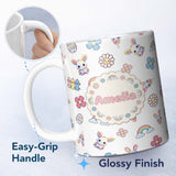 Personalized Custom Name Cute Rainbow Bunny Flower Egg Pastel Grey Background Seamless 11oz Ceramic Coffee Tea Mug White Large Handle