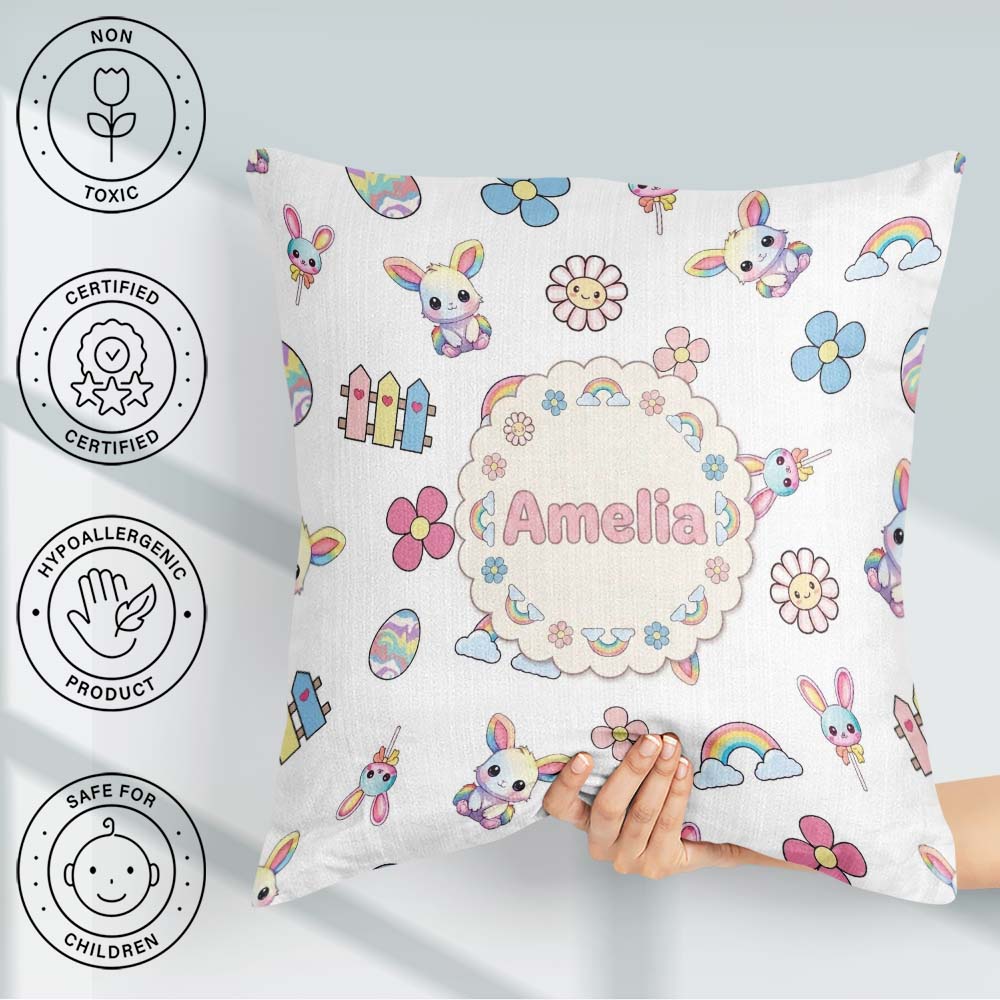Custom Name Cute Rainbow Bunny Flower Egg Pastel Grey Background Square Filled Cushion Throw Pillow Sofa Bed Home Decor Zip Washable UK Made