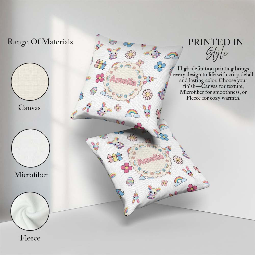 Custom Name Cute Rainbow Bunny Flower Egg Pastel Grey Background Square Filled Cushion Throw Pillow Sofa Bed Home Decor Zip Washable UK Made
