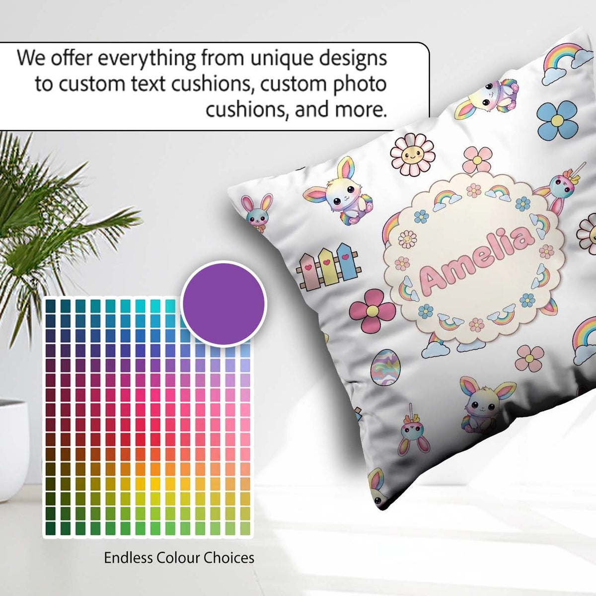 Custom Name Cute Rainbow Bunny Flower Egg Pastel Grey Background Square Filled Cushion Throw Pillow Sofa Bed Home Decor Zip Washable UK Made