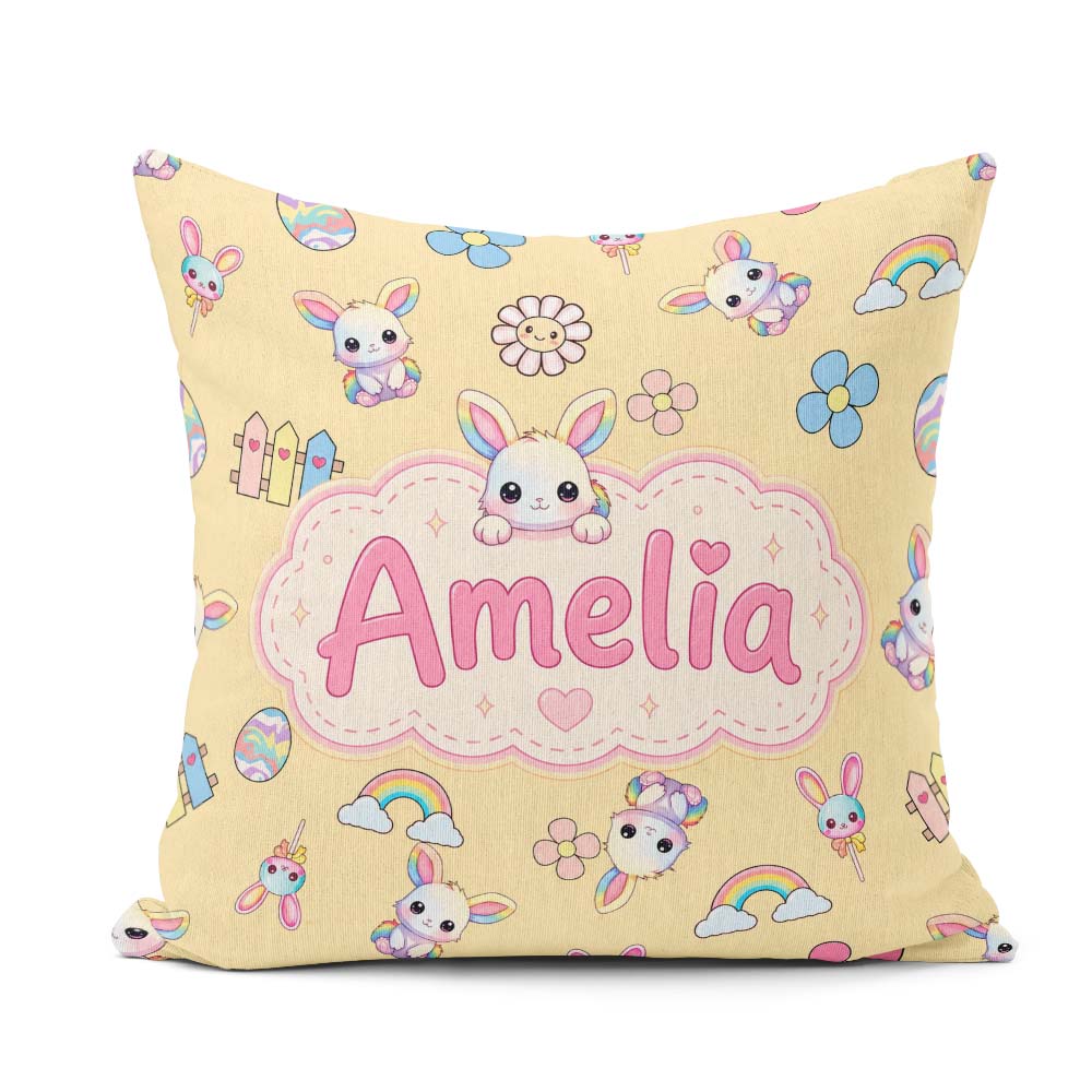 Custom Name Cute Rainbow Bunny Flower Egg Pastel Yellow Seamless Square Filled Cushion Throw Pillow Sofa Bed Home Decor Zip Washable UK Made