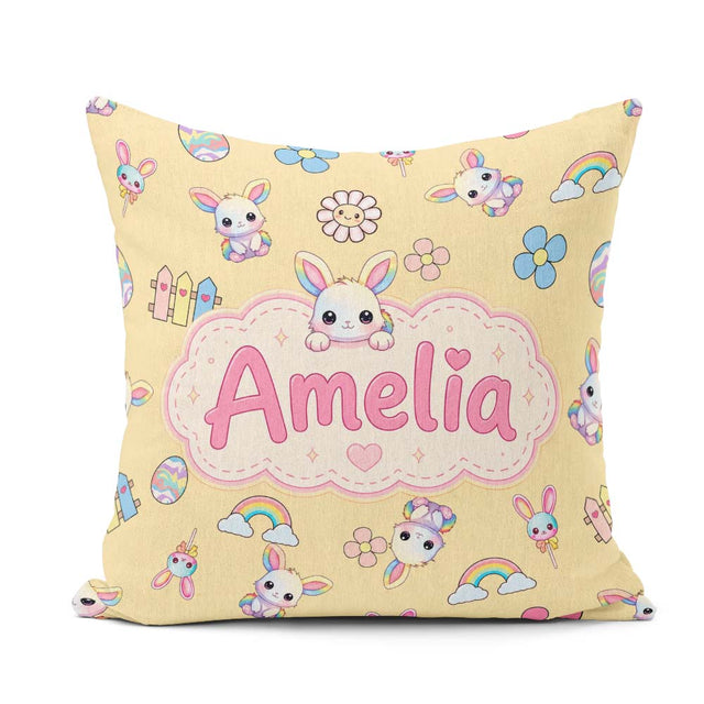 Custom Name Cute Rainbow Bunny Flower Egg Pastel Yellow Seamless Square Filled Cushion Throw Pillow Sofa Bed Home Decor Zip Washable UK Made