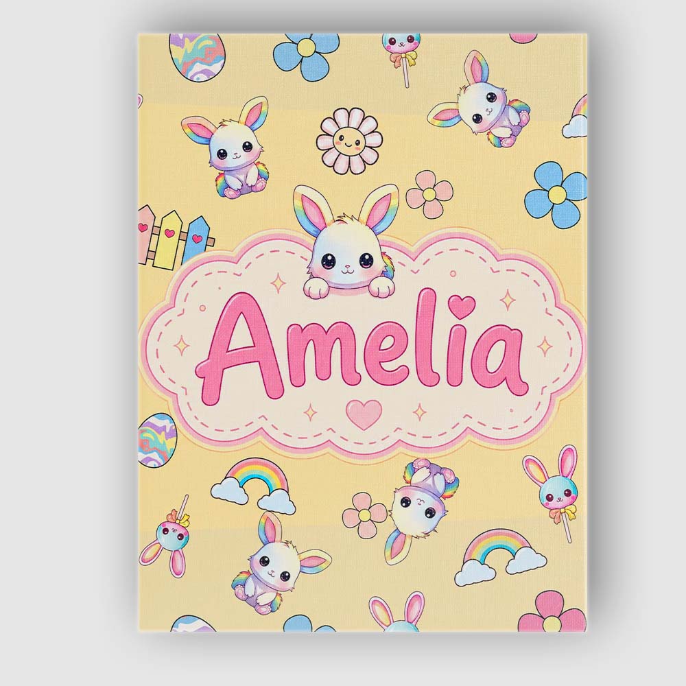 Personalised Name Cute Rainbow Bunny Flower Custom  Bespoke Interior Contemporary Canvas Wall Art Print Decor Picture Ready to Hang