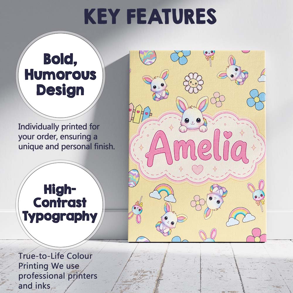 Personalised Name Cute Rainbow Bunny Flower Custom  Bespoke Interior Contemporary Canvas Wall Art Print Decor Picture Ready to Hang