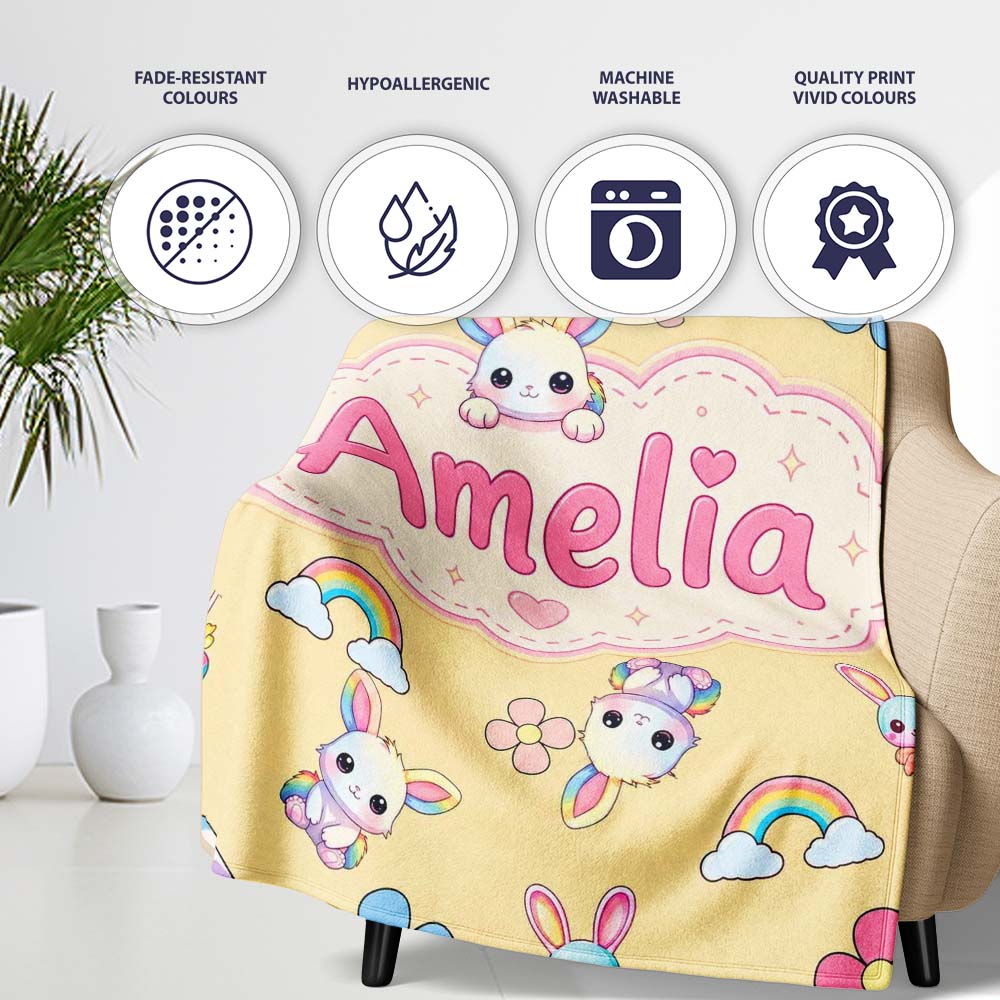 Cute Rainbow Bunny Flower Egg Pastel Yellow Background Seamless  Personalised Custom Name Super Soft Fleece Blanket Bed Sofa Throw