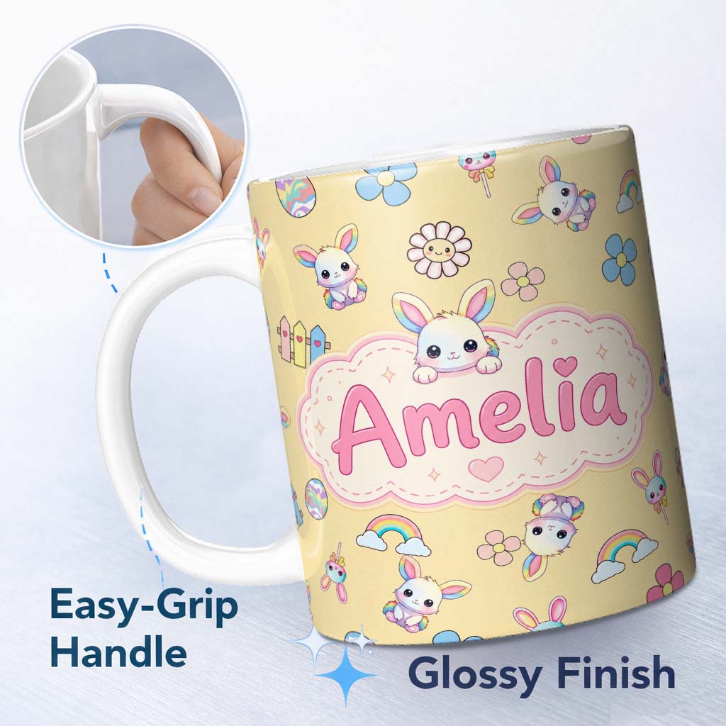 Personalized Custom Name Cute Rainbow Bunny Flower Egg Pastel Yellow Background Seamless 11oz Ceramic Coffee Tea Mug White Large Handle